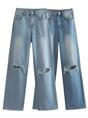 Chic Fashion Women's Destroyed Straight-Leg jeans, Drestiny, Jeans, Casual Pants, XS, S, M, L, Blue, Light Blue, United States, USA, Canada, Australia, New Zealand, United Kingdom, UK, Ripped straight leg jeans, Distressed straight jeans, high waisted straight jeans, Straight-leg jeans women, Y2K straight-leg jeans, shopdrestiny.com